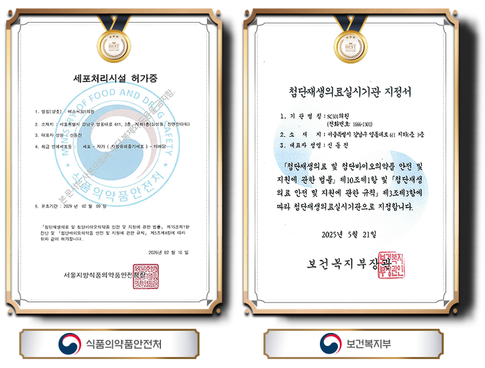 Pair of framed Korean certificates with gold borders and blue circular stamps, mounted on a dark background, issued by health agencies.