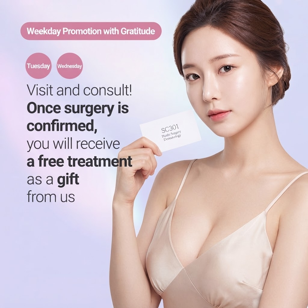 Weekday Promotion Poster Expressing Gratitude: Receive a free procedure gift upon confirming surgery during an in-person consultation. The model is holding a card.