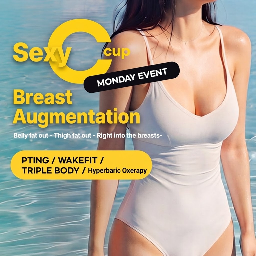 Woman in a white one-piece swimsuit stands by blue water, with bold yellow typography and a black 'MONDAY EVENT' badge overlaying the scene.