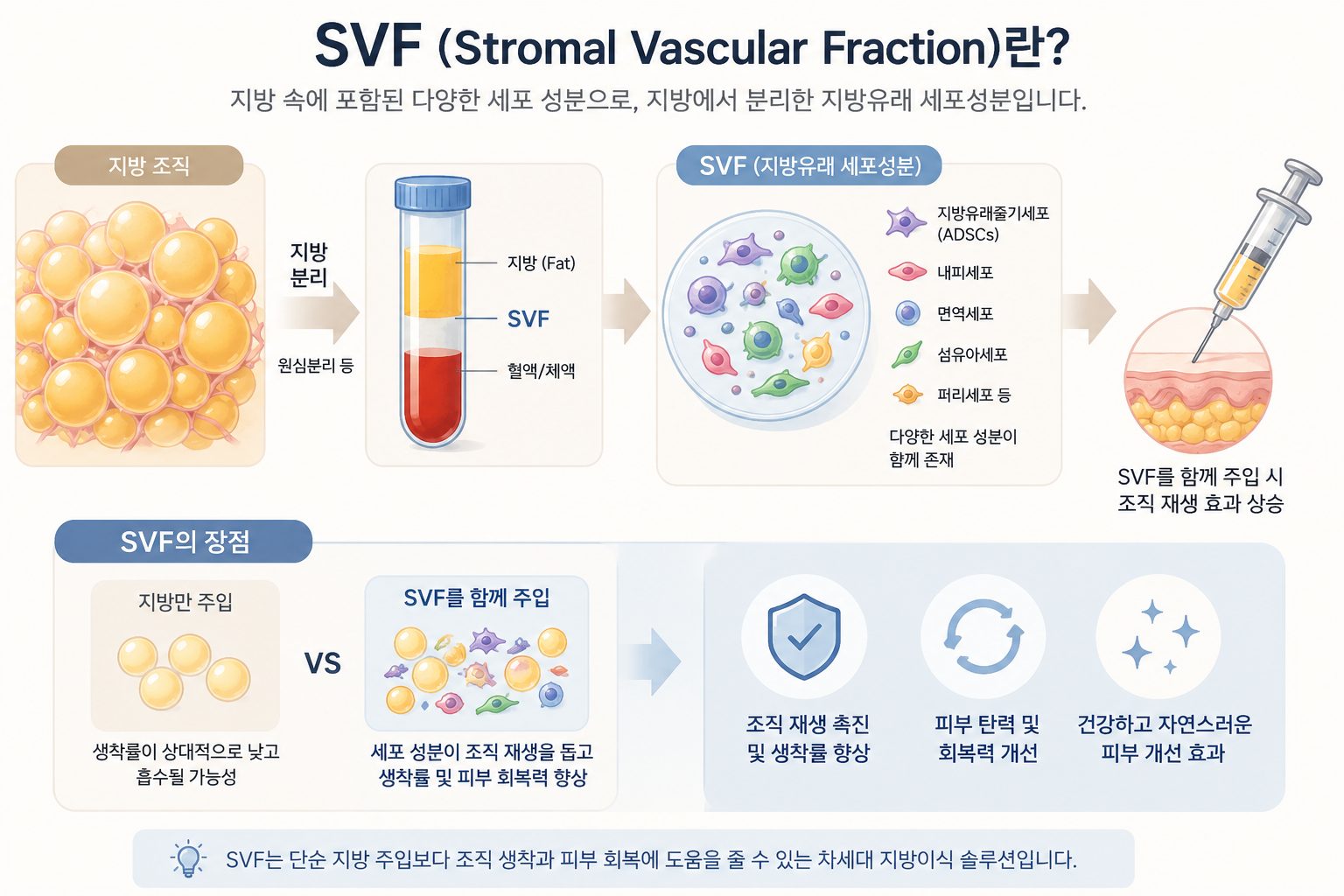 Infographic explaining SVF: fat tissue processed into Stromal Vascular Fraction cells for regenerative injections. Fat breakdown → SVF isolation → diverse cells → tissue rejuvenation.