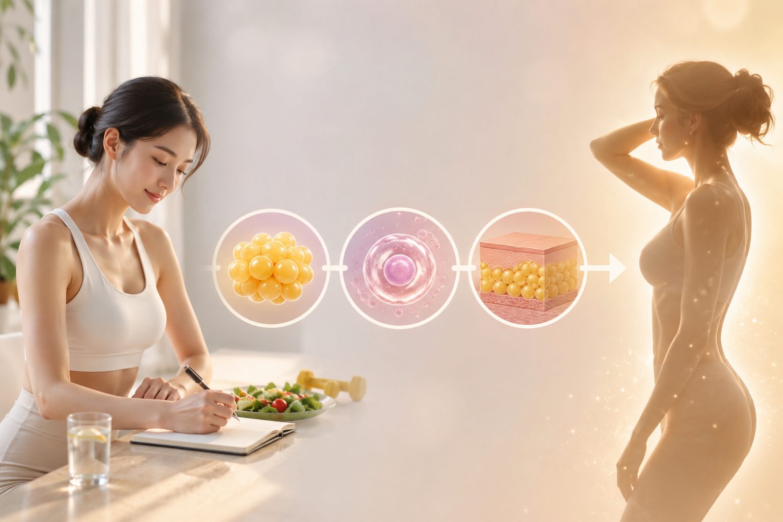 Woman writes in a notebook at a kitchen counter with a salad nearby; an overlay infographic shows fat cells breaking down and a slim silhouette.