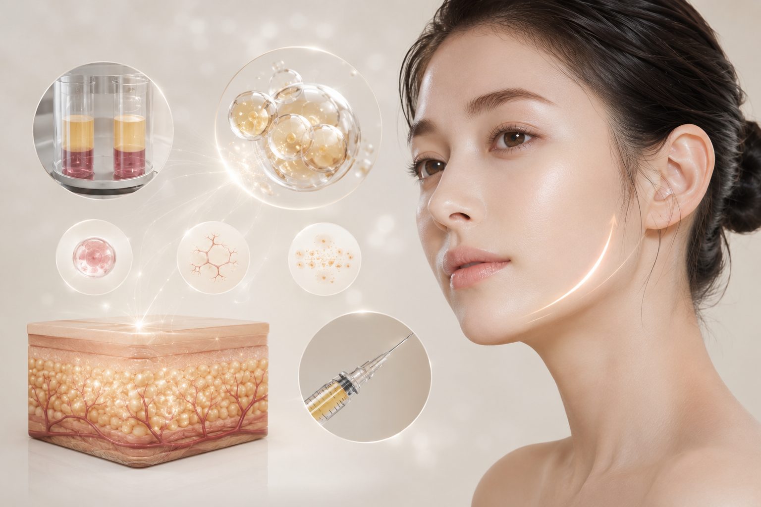 Face of a woman with a circular montage of skincare elements: syringe, skin tissue cross-section, and cellular illustrations.