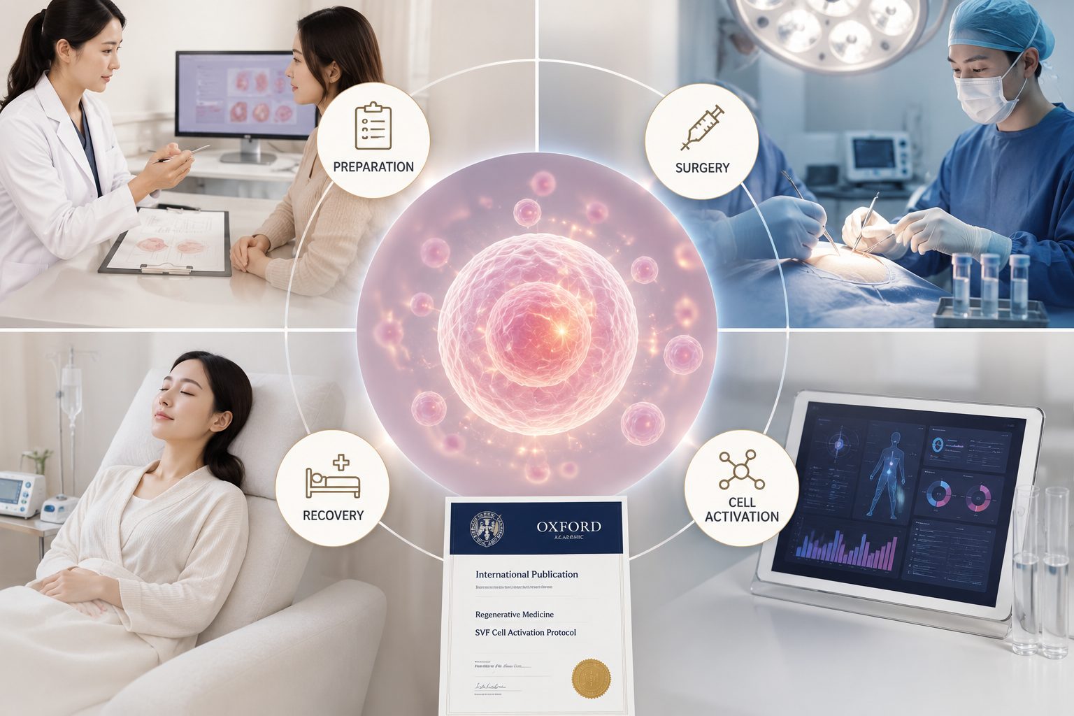 Medical montage for regenerative medicine showing preparation, surgery, recovery, and cell activation around a central cell graphic.