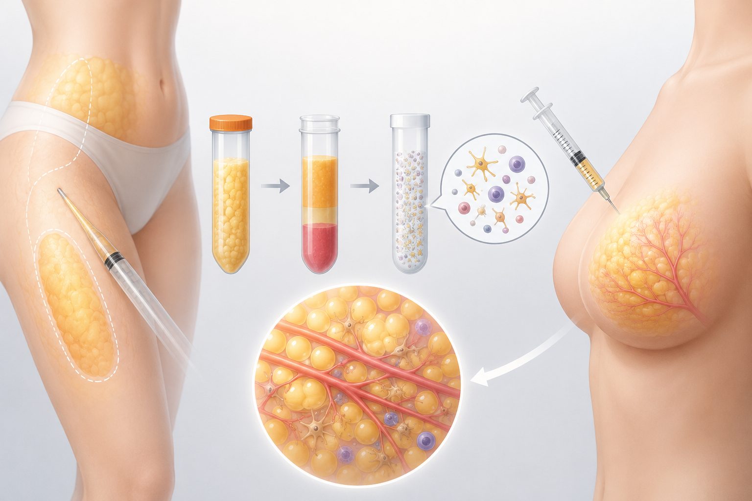 Diagram of fat harvesting and processing for fat grafting to the breast, showing syringe and test tubes.