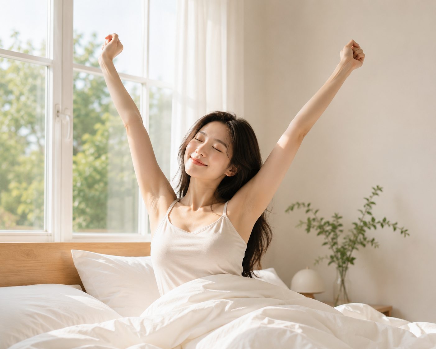 Woman waking up in a sunlit bedroom, stretching arms above her head with a content smile while sitting up in bed.
